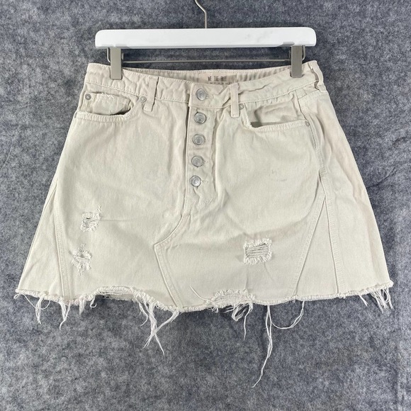 Free People Skirt 31 Beige Denim High Rise Distressed Mini Button Fly - Picture 2 of 11